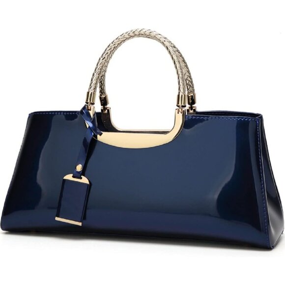 Glossy Women Handbag Faux Patent Leather Top-Handle Bag Structured Shoulder Bag